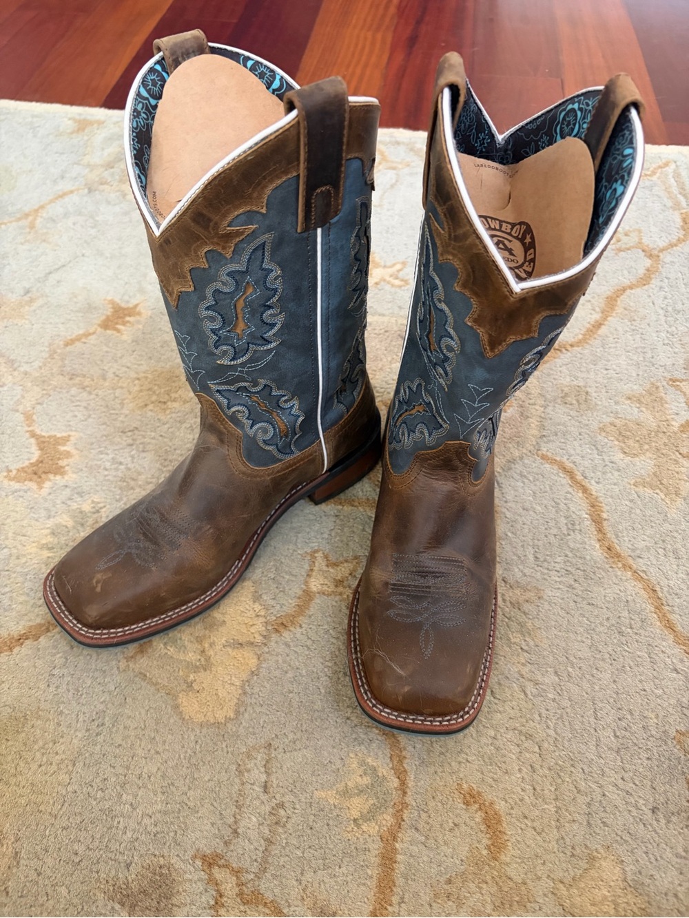 Laredo Brown Leather Western Boots with Blue Embroidered Shaft